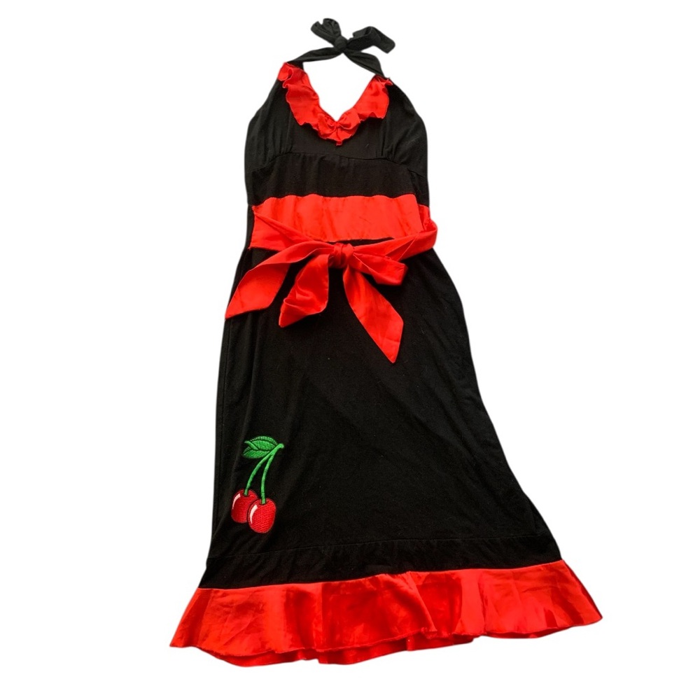 Sourpuss Black and Red Backless Dress with embroidered Cherry Accent